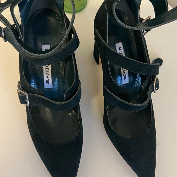 NEW ❗️Manolo Blahnik Mary Jane Three Straps Dark Green Suede - Picture 5 of 7
